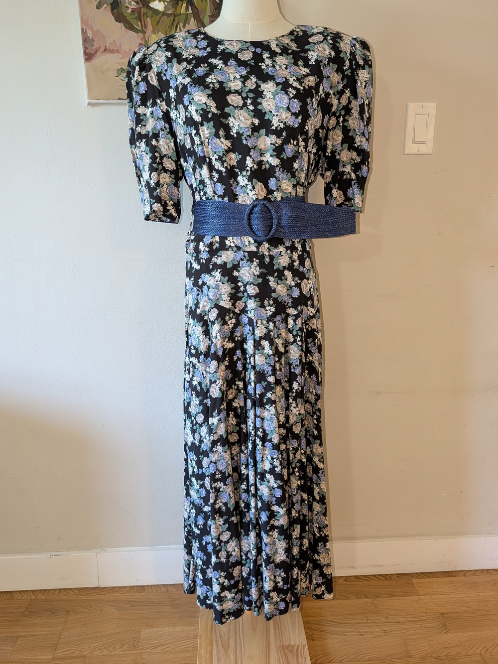 Vintage Navy Maxi Dress with Blue and Cream Floral Print And A Drop Waist